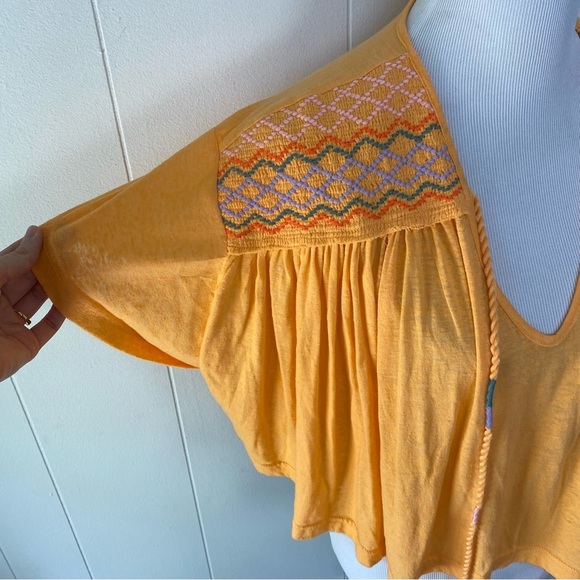 Free People Womens Market Embroidery Trim Tassel Tie V-Neck Tee Carrot Orange XS - Picture 5 of 15